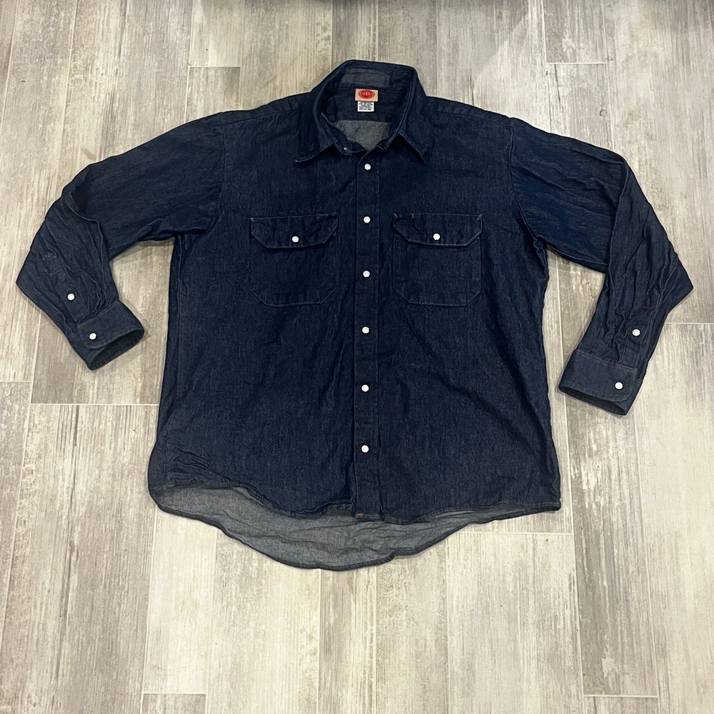 Red Cap Denim Shirt Mens Large Blue Denim Thick Work Vintage Pearl Snap Western